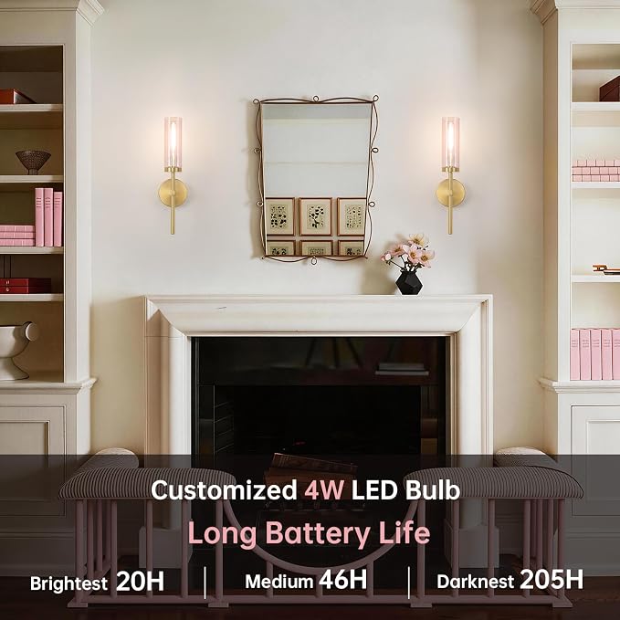 Shenmoyl Battery Operated Wall Sconces Set of 2, Gold Rechargeable Wall Lighting Fixtures, Dimmable Wall Lights with Remote & Pink Glass Shade for Living Room, Bathroom,Bedroom