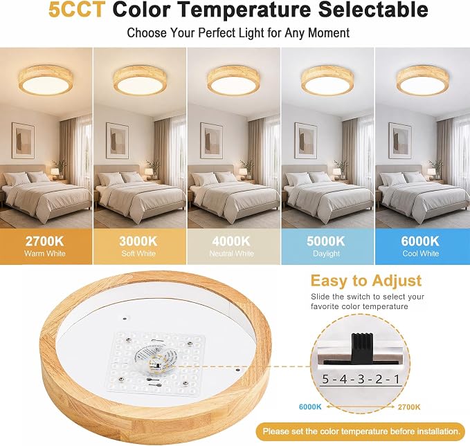 Pevfah Modern Dimmable 11.81in Wood Flush Mount Ceiling Light, 5CCT LED Round Close to Ceiling Lighting Fixtures, Minimalist Ceiling Lamp for Bedroom, Kitchen, Hallway, Laundry Room