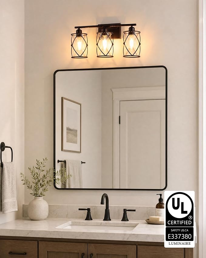 3-Light Oil Rubbed Bronze Bathroom Light Fixtures Over Mirror, 21" UL-Listed Modern Farmhouse Wall Sconce Lights with Clear Glass and Metal Cage for Bath, Hardwire E26, CH9176ORB-3W
