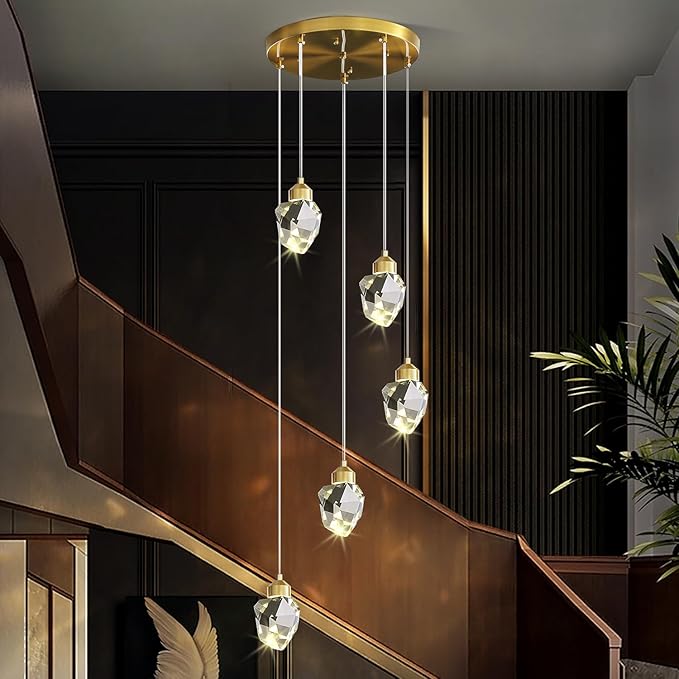 Modern Crystal Pendant Light, 3-Color LED Gold Ceiling Hanging Lamp, for Kitchen Island Bedroom Living Room Dining Room Lighting (5-Head Round Base)