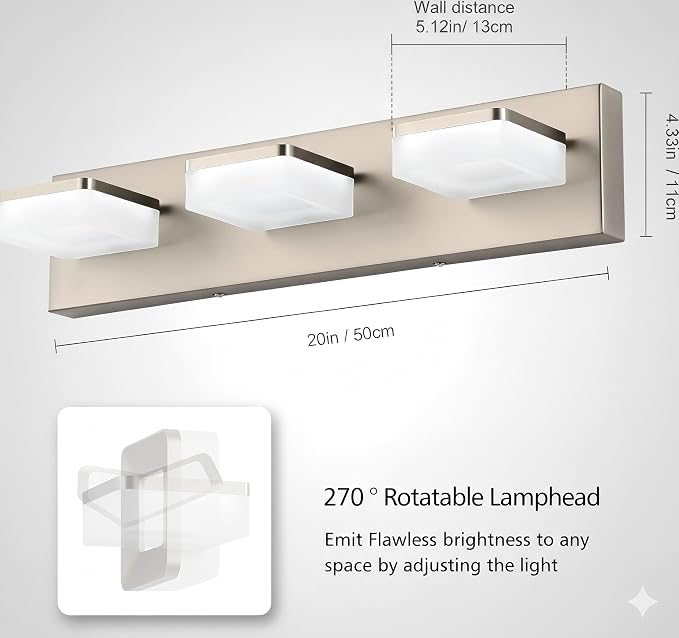 Brushed Nickel Vanity Lights for Bathroom - 3 Light Vanity Light Fixture - Dimmable LED Wall Sconces - Daylight 5500K - Elegant Bath Light Fixtures for Over Mirror