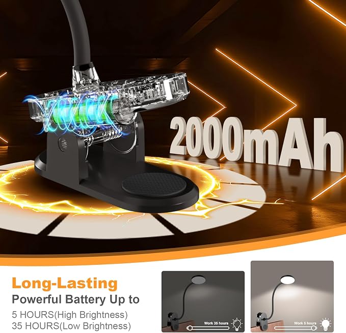 Rechargeable Clip on Light for Bed, 61 LED Cordless Reading Lamp with 3 Color Modes & 10 Brightness Levels, Portable and Flexible Book Light Clamp on Office Desk Bunk Bed Dorm Headboard (Black/3.5'')