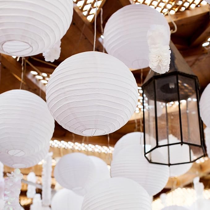 20Pcs White Paper Lanterns for Parties, 6” 8” 10” 12” Chinese Asian Hanging Round Paper Lanterns for Birthday Wedding Halloween Christmas Home Decor Party Decor