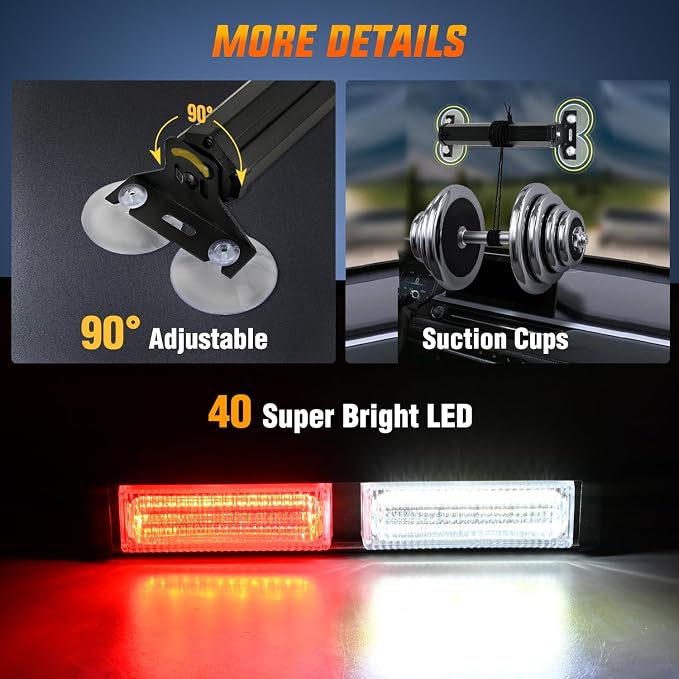 Nilight 40LED Red White Emergency Strobe Traffic Advisor Light Bar with Suction Cups Dash Safety Warning Hazard Flashing Lights Interior Front/Rear Windshield for Trucks Construction Vehicles | with Suction Cups Dash Safety Warning Hazard Flashing Ligh...