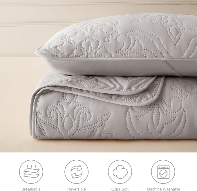 Whale Flotilla Twin Quilt Bedding Set Vintage Damask Reversible Bedspread | Suitable for Bed, 2 Pieces Light Grey Lightweight Breathable Quilts Twin Size, Ultrasonic Coverlet with 1 Pillow Sham