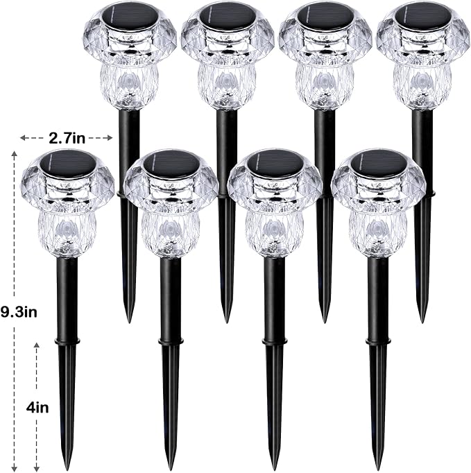 Solar Garden Lights Outdoor 8 Pack 6000K Cool White Mushroom Decor | Waterproof Pathway Outside Yard Walkway Landscape Path Lighting, LED Auto On/Off Decorations, Acrylic Diamond-like Lampshade