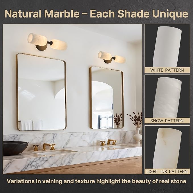 14" Alabaster Wall Sconce, Antique Oil Rubbed Bronze Black Brass | Natural Spanish Alabaster, Unique Marble Pattern, Solid Aged Brass, Elegant Statement Design, Horizontal or Vertical Mounting