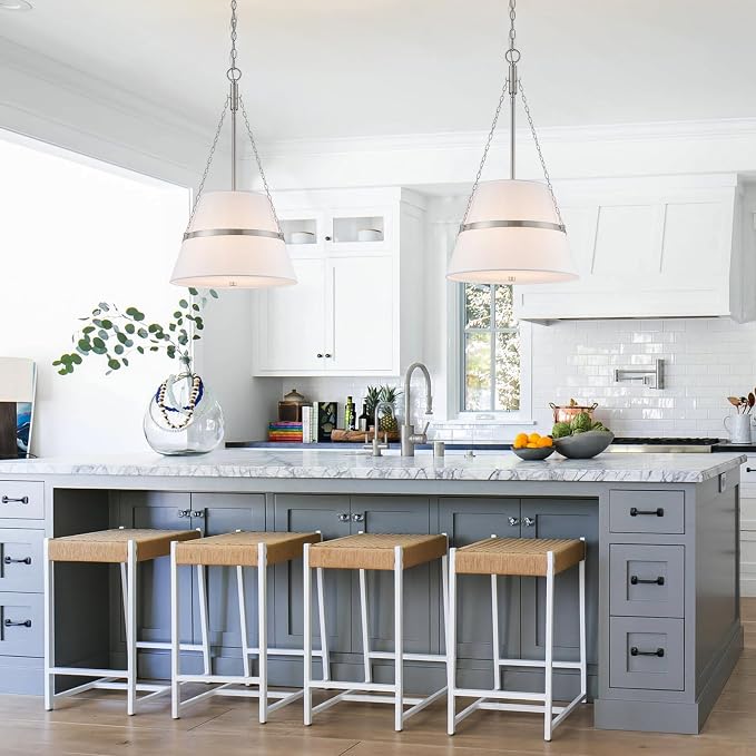 15" Brushed Nickel Drum Chandelier, Linen Pendant Light for Kitchen Island | Modern Transitional, White Linen Shade, 3 Side Chains, 4-Light, for Dining Room, Breakfast Nook, Adjustable Height, 15"W×28"H