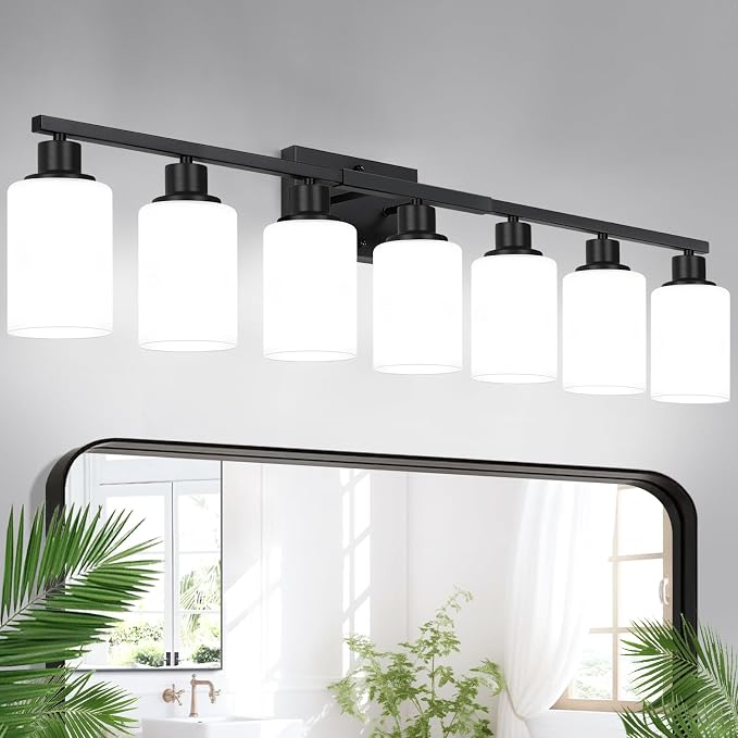 Indoi 7-Light Bathroom Light Fixtures, Matte Black Modern Vanity Lights with Milky White Shades, Bathroom Wall Lamp for Mirror Living Room Cabinet Bedroom Porch