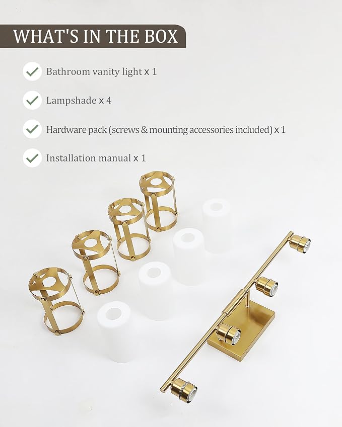 4-Light Brushed Gold Bathroom Light Fixtures with Milk White Frosted Glass, 29" UL-Listed Modern Wall Sconce Over Mirror with Metal Cage for Bath, Hardwire E26, OS-3014BGW-4W