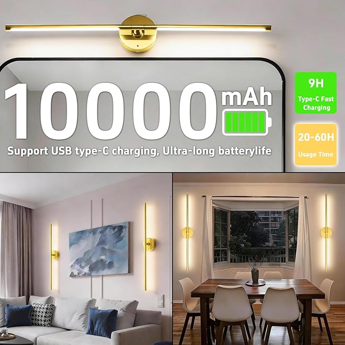 Battery Operated Wall Sconce Set of Two: Gold Wireless Rechargeable Wall Light with 10000mAh Detachable Battery and Remote, 360° Rotatable Scone Wall Decor for Bedroom Hallway Bathroom, 31.5inch