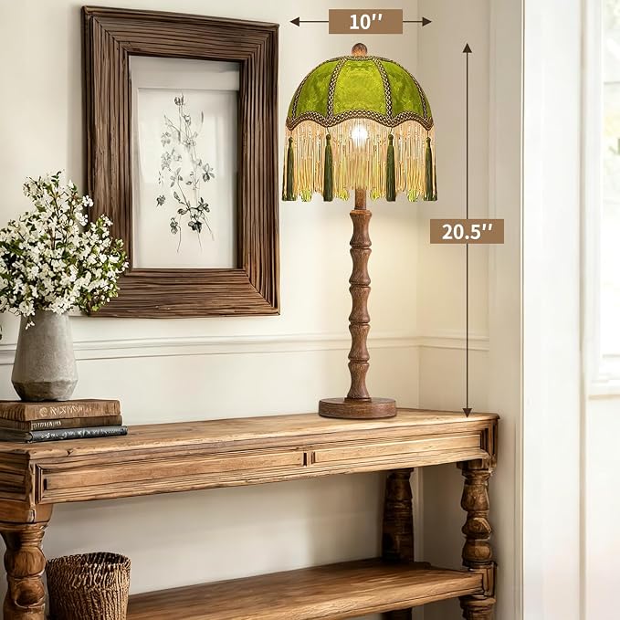 ILLMTW Vintage Table Lamp for Bedroom Living Room,Fringe Bedside Lamps Dimmable Boho Bedroom Lamp with Flower Green Lamp Shade,Mid Century Retro Tassel Unique Wood Small Nightstand Lamp Tiffany Decor