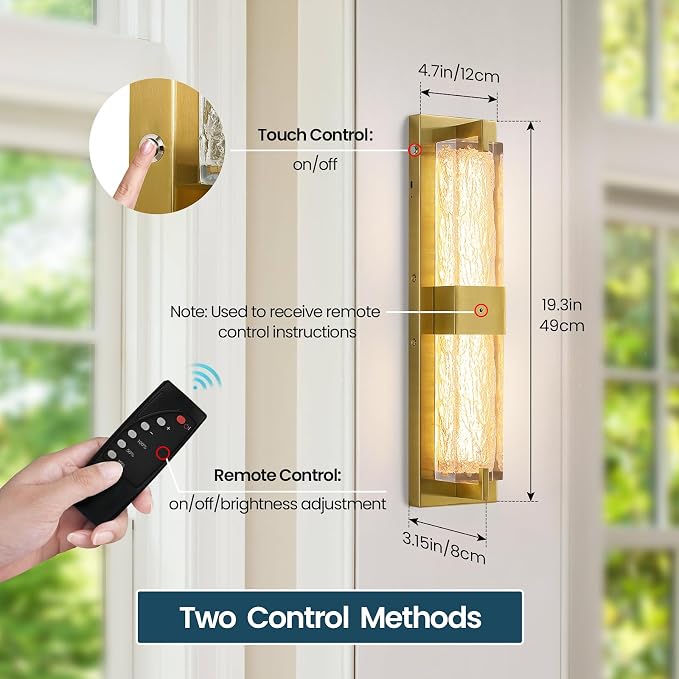 Battery Operated Resin Wall Sconce - Wireless Rechargeable Gold Wall Light Dimmable LED Remote Wall Sconces Lighting Modern Cordless Brushed Brass Vanity Light Fixture for Living Room Bedroom Bathroom