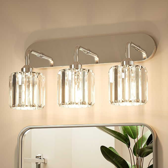 Keonjinn 3-Light Chrome Bathroom Light Fixtures Over Mirror, Crystal | Vanity Lighting Fixture with Crystal Square Shades, Dimmable, Vintage Style, Compatible with E26 Base LED Bulbs(Exclude Bulb)