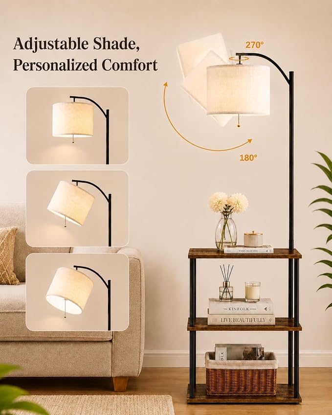 GERGO Floor Lamp with Table, Side Table for Living Room, 3 CCT 9W LED Bulb | Adjustable Linen Shade & Pull Chain, Modern Coffee End Table, Night Stand with Storage Shelves for Bedroom, Office Home Décor