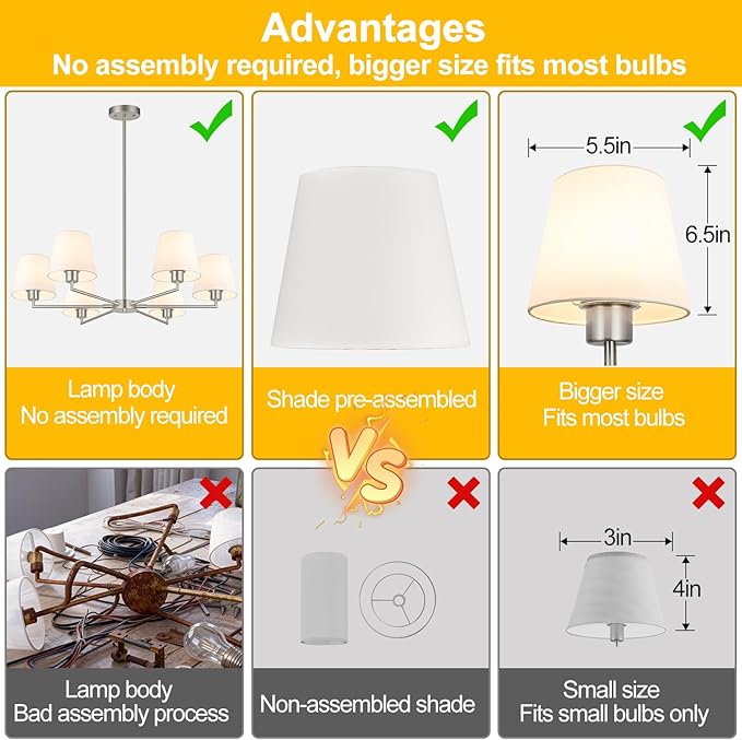 36" Brushed Nickel Dining Room Light Fixture, No Assembly Required 6-Lights Kitchen Chandelier for Dining Room with White Fabric Shade, Chandelier Ceiling Light Fixture for Kitchen Bulb Not Included