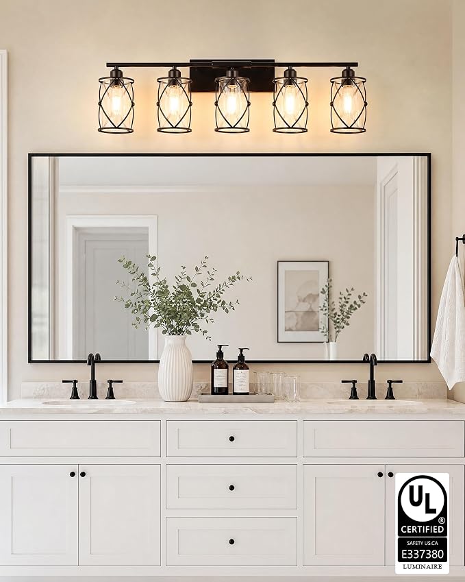 5-Light Oil Rubbed Bronze Bathroom Light Fixtures Over Mirror, 38" UL-Listed Modern Farmhouse Wall Sconce Lights with Clear Glass and Metal Cage for Bath, Hardwire E26, CH9176ORB-5W