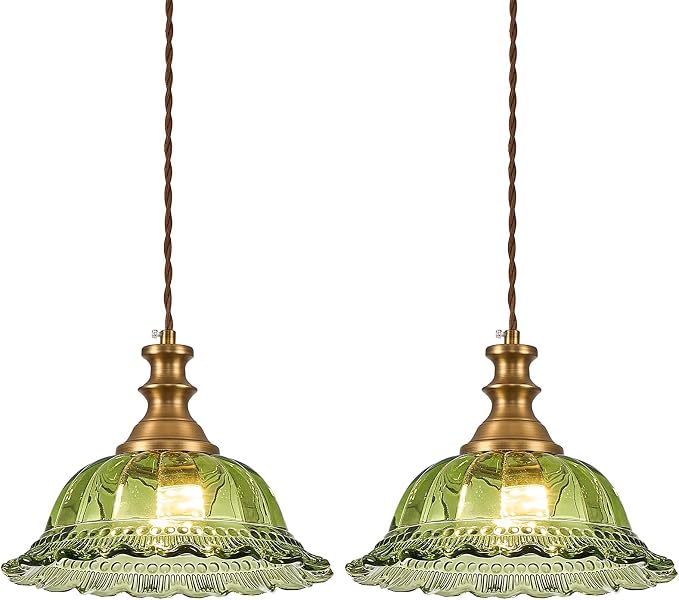 HDDFL Glass Pendant Lights Modern Pendant Lighting Fixtures Hanging Lamp for Kitchen Island Bedroom Dining Room Coffee Shop Hallway Green and Brass 2 Pack