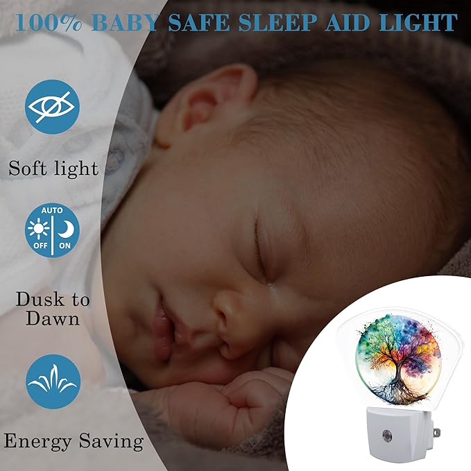 Watercolor Tree of Life Night Light, Colorful Tree Nightlight Plug into Wall with Dusk to Dawn Sensor for Kid Girls Boys Women Men Bedroom, Hallway, Kitchen, Bathroom, Stairs Decor