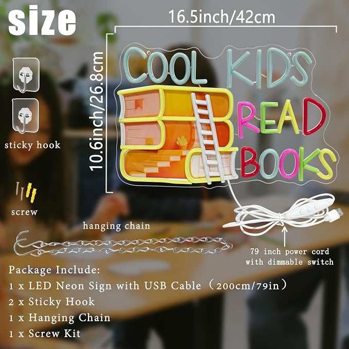 Cool Kids Read Books Neon Sign Printed Read Books Neon Light for Wall Decor | USB Dimmable Cool Kids LED Neon Signs for Classroom Reading Room Bookstore Library Bedroom Study Room Bookish Decoration