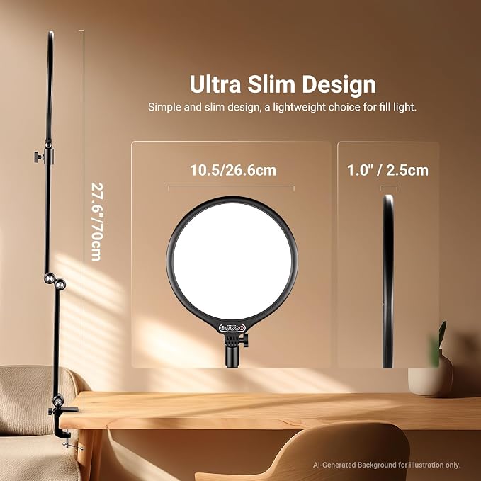 NEEWER Basics 10.5" Streaming Key Lighting, 3000-6500K 15W Full Screen LED Panel Ring Light with Adjustable Arm Stand Desk Clamp Timer for Laptop Computer Video Conference Zoom Makeup, R10