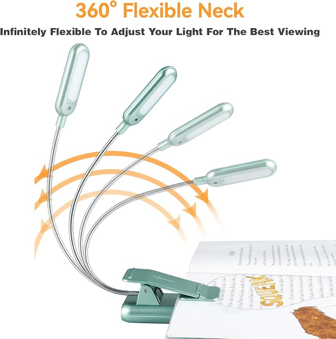 VAVOFO Rechargeable Book Light for Reading in Bed Kids, 7 LED Reading Light with 9-Level Warm Cool White Daylight, Eye Care Lamp with Power Indicator for Bookworms (Silver Green)