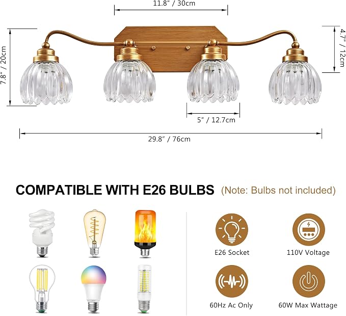 4 Light Gold Vintage Vanity Lights, Antique Brass Finish | Clear Tulip Crystal Shades,Brushed Gold Bathroom Light Fixtures, Wall Sconce Ideal for Bedroom, Hallway, Easy to Install