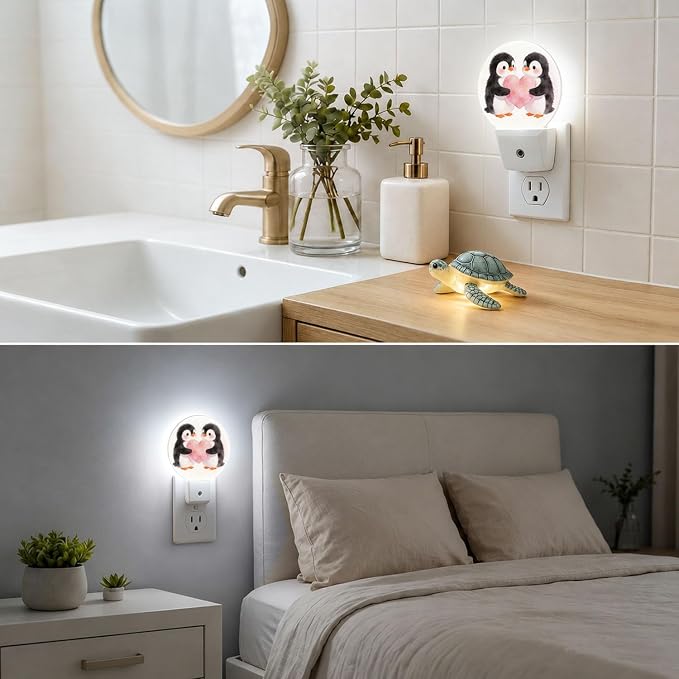 Night Lights Plug into Wall Cute Penguin Pink Heart Night Light Auto Sensor | Animal Romance Plug in Night Lights for Wall Socket with Dusk-to-Dawn Sensor for Bedroom, Bathroom and Living Room