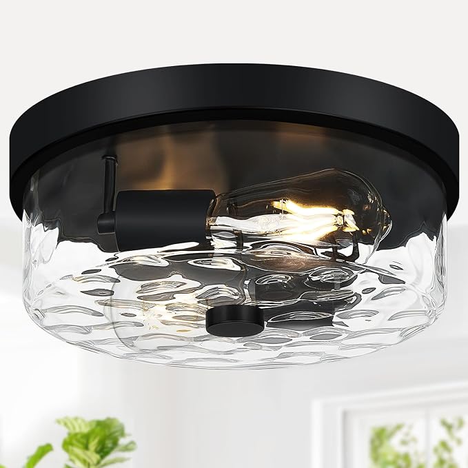 szzgco Flush Mount Ceiling Light Fixtures, 2-Light Black Ceiling Mount for Farmhouse with Water Ripple Glass Lampshade, Industrial Flush Mount Light Fixture for Hallway, Kitchen, Entryway and Foyer