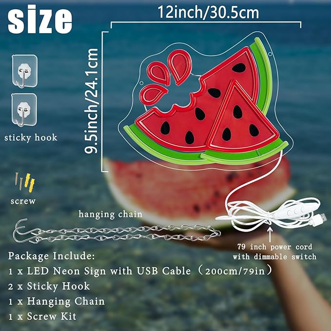 Ecluloriven Watermelon Neon Sign for Wall Decor, UV Print Summer Watermelon Neon Lights, Vibrant Fruit Themed Neons LED Signs for Kids Room, Bedroom, Restaurant, Bar, Club, Fruit Shop, Birthday Party