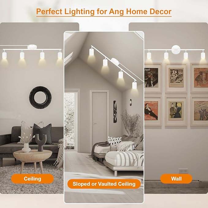 Plug in Track Lighting LED, Track Lighting Fixtures Ceiling, White 4-Light Kitchen Light Kit, Plug in Wall Light with 14.8ft Power Cord, Rotatable Ceiling Spotlight for Bedroom(GU10 Socket, NO Bulb)
