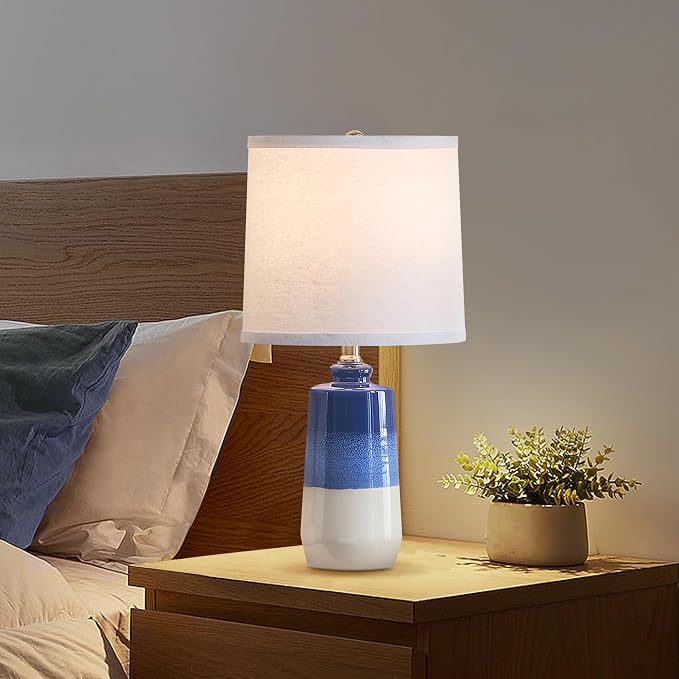 EUO 20.5" Ceramic Blue Lamps for Nightstand Set of 2, Blue Table Lamps for Living Room Set of 2, Coastal Table Lamp for Bedroom with White Barrel Lampshade, Blue White Ceramic Lamp for Small Space