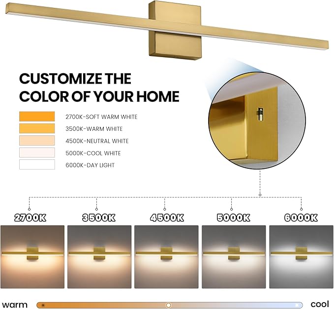 Gold Bathroom Light Fixtures - 23.6 inch Brushed Gold Vanity Lights for Bathroom Over Mirror Dimmable18W LED Dimmable 5CCT Wall Sconce Lighting Fixture for Bathrooms Bedroom
