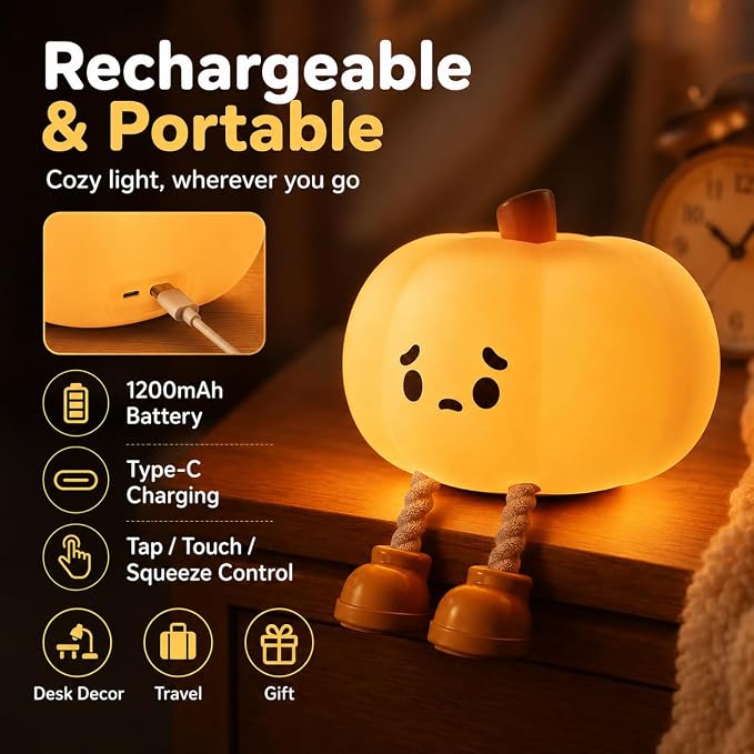 Bitter Pumpkin Night Light, LED Squishy Novelty Animal Night Lamp, Food Grade Silicone 3 Level Dimmable Nursery Nightlight for Desk Decor, Funny Gifts Stuff for Boys Girls Baby, White Elephant Gifts