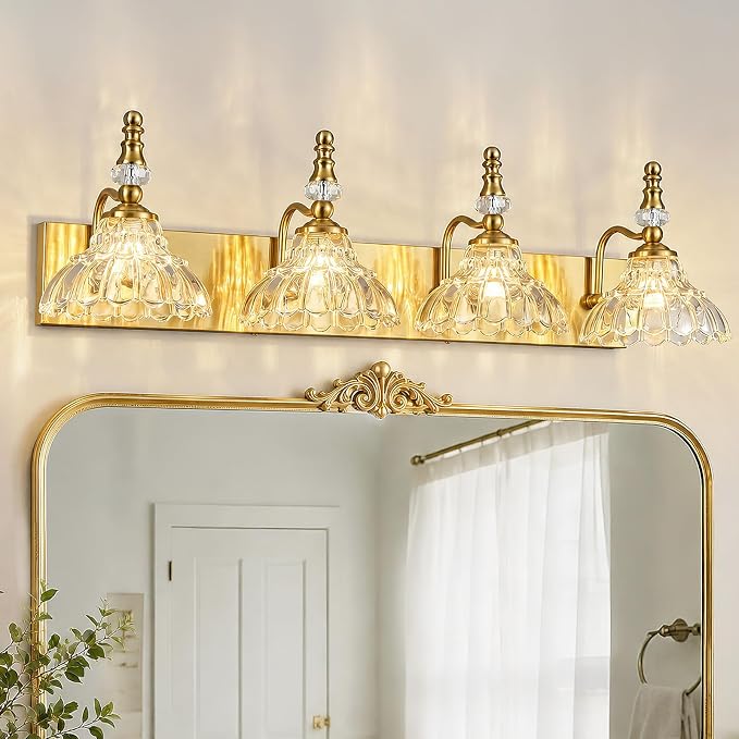 Vintage Bathroom Vanity Light, 4-Light Gold Vanity Lighting Fixture with Flower Glass Shade, Bathroom Lighting Fixtures Over Mirror