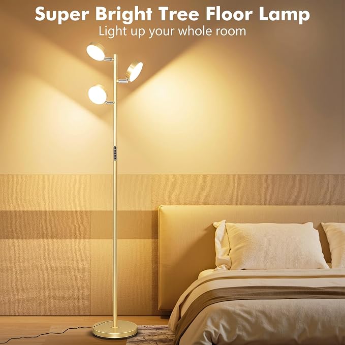 Tree Floor Lamp for Living Room - Modern Gold Standing Lamp | LED Floor Light with Remote & Touch, 3000K-6000K Dimmable for Bedroom Office Reading (3 Head)