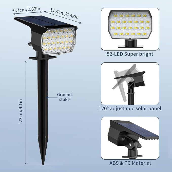 Solar Spot Lights Outdoor 12 Pack, [52 LED/ 6 Color Lighting] Solar Lights Outdoor Waterproof IP65 Dusk to Dawn Solar Powered Landscape Spotlights for Outside Yard Garden Pathway Lawn