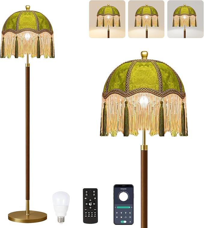 QIYIZM Vintage Floor Lamp for Living Room,Bedroom,Dimmable Standing Lamp with Remote,Green Mid Century Gold Tall Lamp Boho Retro Floor Light Fringe Tassel Flower Unique Wood Tiffany Victorian Decor