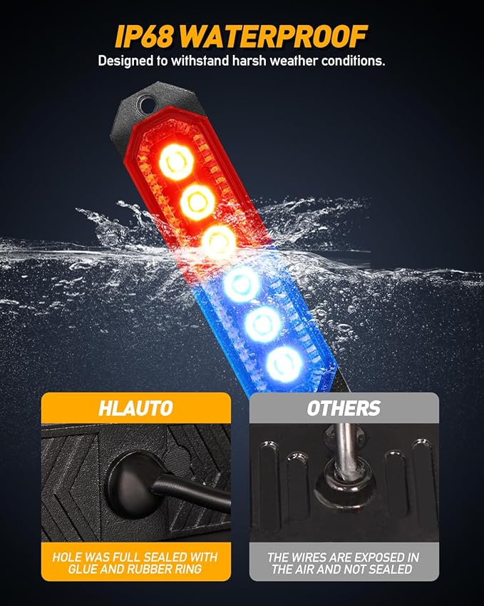 HLauto 406T Emergency Strobe Grille Lights: 4Pcs 6 LED Sync Feature Safety Warning Flashing Light, 12V-24V Ultra Slim Surface Mount Hazard Caution Light for Truck, Vehicle, Car, ATV, UTV (Red Blue)