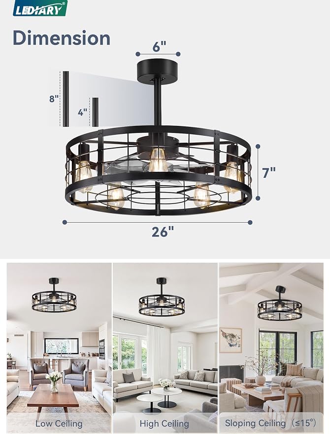 LEDIARY 26 inch Fandelier Caged Ceiling Fan with Light and Remote, Black | 6 Speed Adjustable,Timing, Quiet & Powerful DC, Large, Farmhouse, Industrial, Enclosed, Bladeless, Bedroom, Kitchen, Downrod