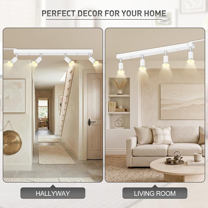 AUQUEE Plug in Track Light, White, 23", 4 Way GU10 Track Ceiling Lighting | Wall Spotlight, Rotatable Track Head, For Kitchen Cabinet Gallery Bar Hallway Living Room, Rocker Switch, 15 FT Cord