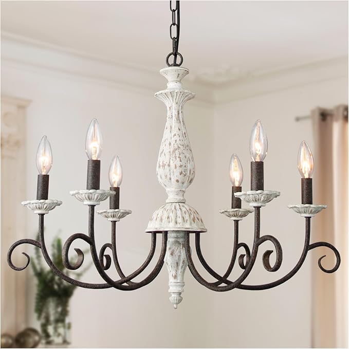French Country Chandelier,6 Lights Farmhouse Chandelier Dining Room Distressed White Wood Chandeliers with Black Metal Arm,Rustic Candle Ceiling Chandelier for Living Room Bedroom