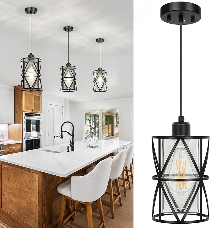 Black Pendant Lights Kitchen Island, Pendant Light with Clear Glass Shade, Modern Hanging Light Fixture, Adjustable Cord Length, Easy Install, Ceiling Light for Kitchen Island, Foyer, Dining Room