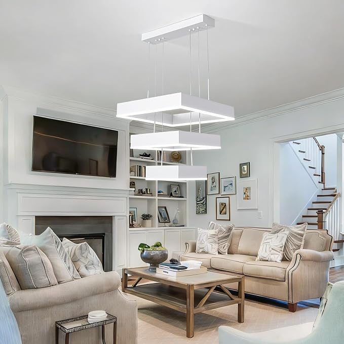 O'NEELDY Modern Chandelier White Pendant Lights Square LED Dining Room Light Fixture Height Adjustable Kitchen Island Lighting 3 Rings Flush Mount Chandeliers for Living Room,Bedroom,Dining Table