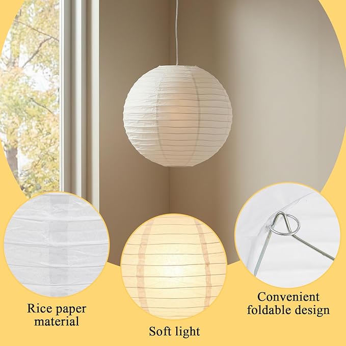 2Pcs Round White Paper Lantern Lampshade, 12"x12'' Chinese Japanese Round Hanging Paper Lantern, Small Papers Lanterns Pendant Light Shade for Wedding, Restaurant, Church, Birthday Party, Home Decor
