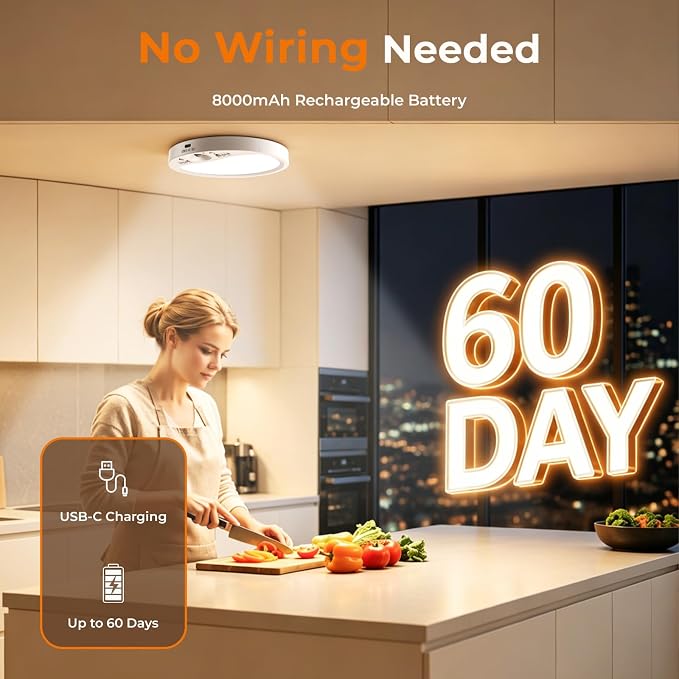 TANBABY Rechargeable Motion Sensor Ceiling Light Indoor with Remote | Wireless LED Shower Light, 8000mAh Battery Long Lasting Closet Light, 3 Color Dimmable, Timer, No Wiring for Hallway Pantry