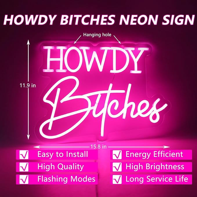 Howdy Neon Sign For Wall Decor Studio Room Led Lights, Pink Bar Decor Neon Signs Aesthetic Operated Light For Door Decorations, Bedroom Accessories Neon Sign