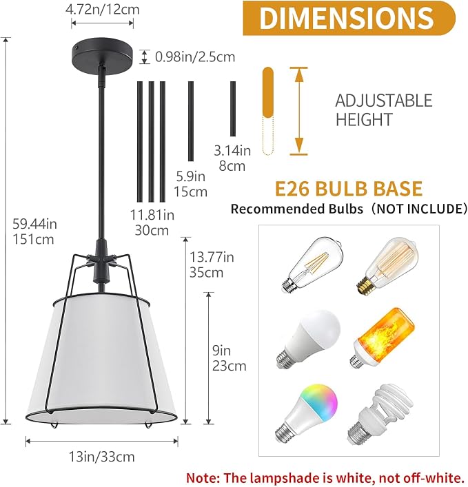 Modern Pendant Light Fixtures with 13" White Linen Fabric Shade, Adjustable Hanging Light Fixture,Drum Black Vintage Chandelier for Kitchen Island Bedroom Dining Room Foyer Entryway