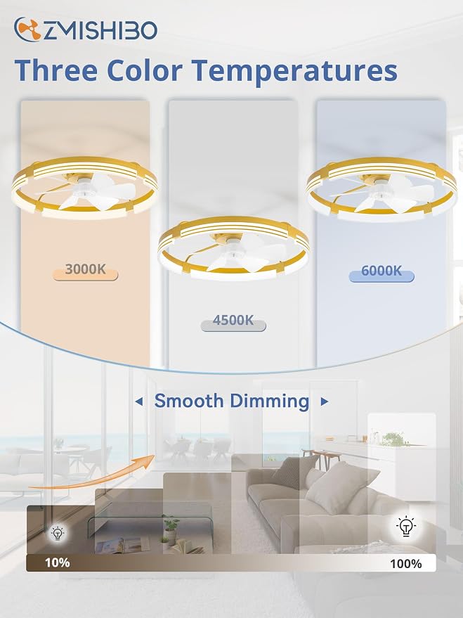 ZMISHIBO Low Profile Ceiling Fans with Lights and Remote, 24" Gold | 3000K-6000K Dimmable Fandelier LED, Flush Mount, 6 Wind Speeds, Reversible, Timer, Bedroom, Living Room, Kitchen, Kids Room