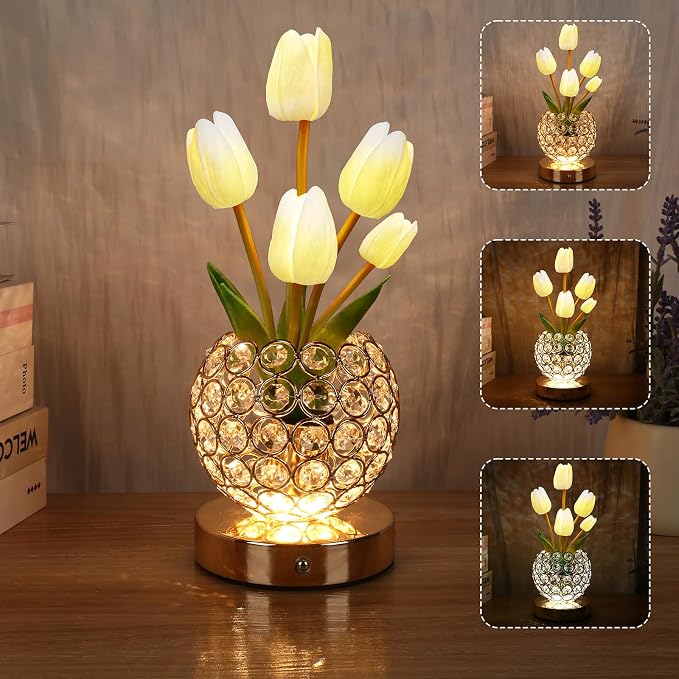 Birthday Gifts for Women Mothers Day Gifts/for Mom Tulip Table Lamp | 3 Color Crystal Flower Bedside Lamps Infinitely Dimming with USB Charge Small Night Light,Night stand Touch Lamp(White-tulip)